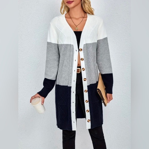 New Cozy Longline Cardigan Chunky Knit Colorblock Long Sleeves White Gray Navy - Picture 4 of 16